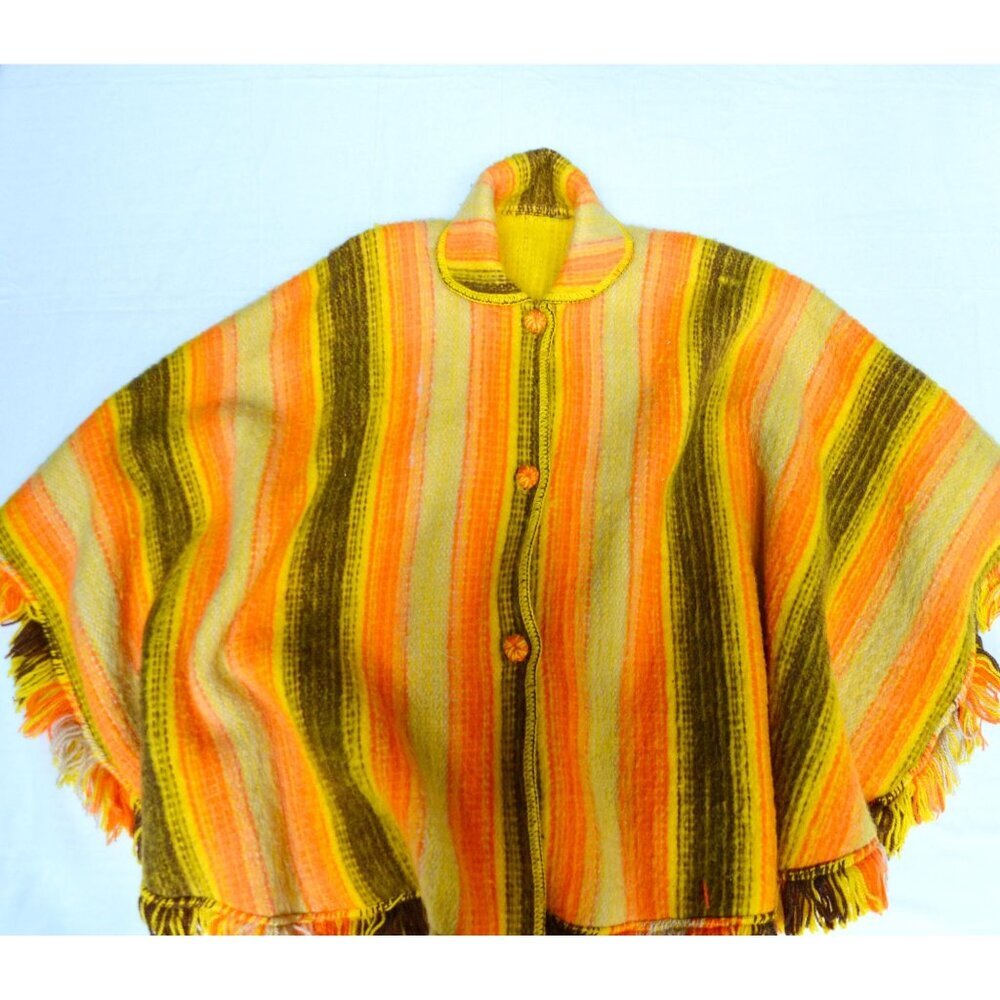 1970s BRIGHT Yellow & Orange Poncho Striped - Picture 3 of 9